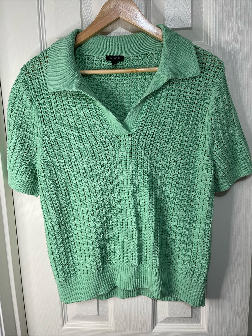Talbots Green Pointelle Crochet Knit Preppy Tennis Sweater size Large